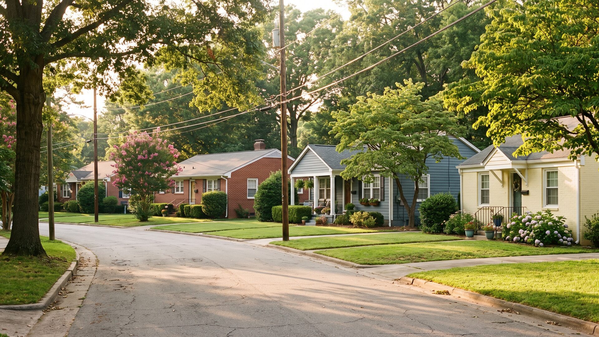 A short curving street of small brick ranches and painted cottages under a leafy canopy, typical of the compact lots in Birchwood Heights.