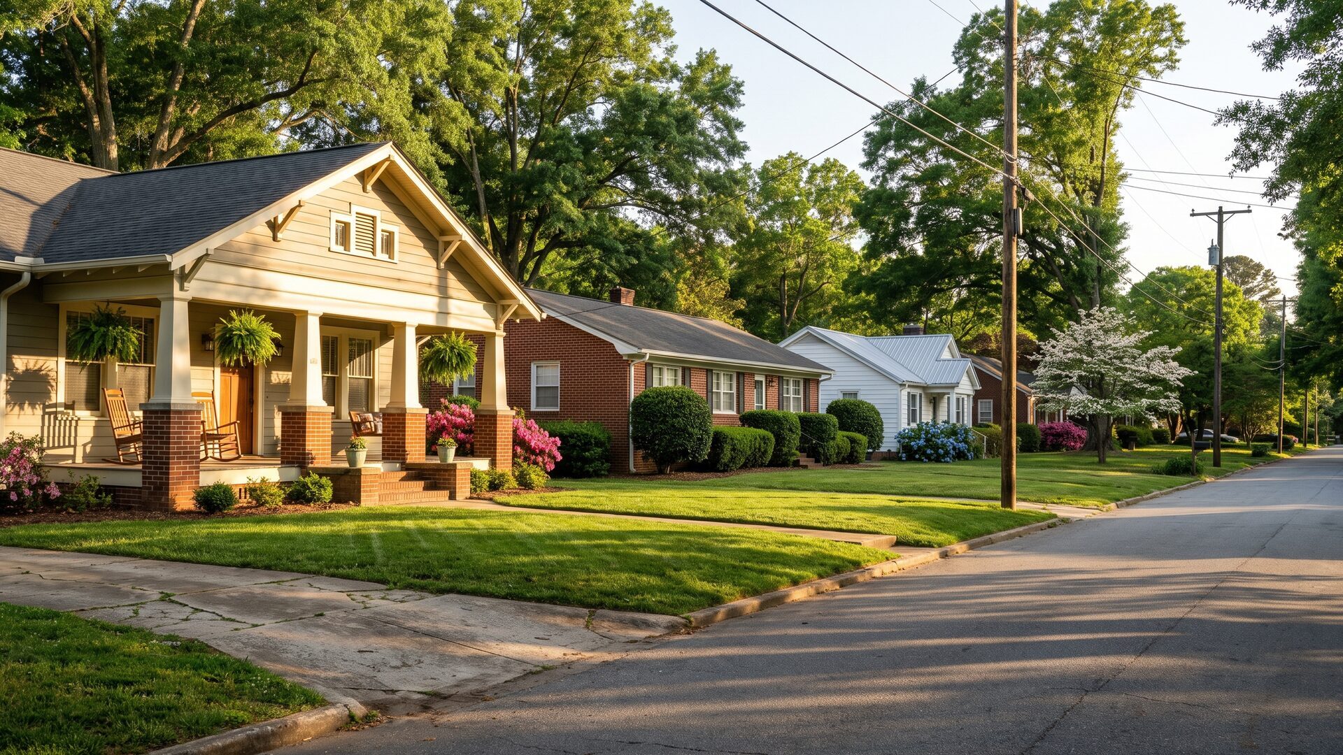 A craftsman bungalow with a deep front porch beside a brick ranch and a metal-roofed cottage, typical of the mix of housing decades in Bragtown.
