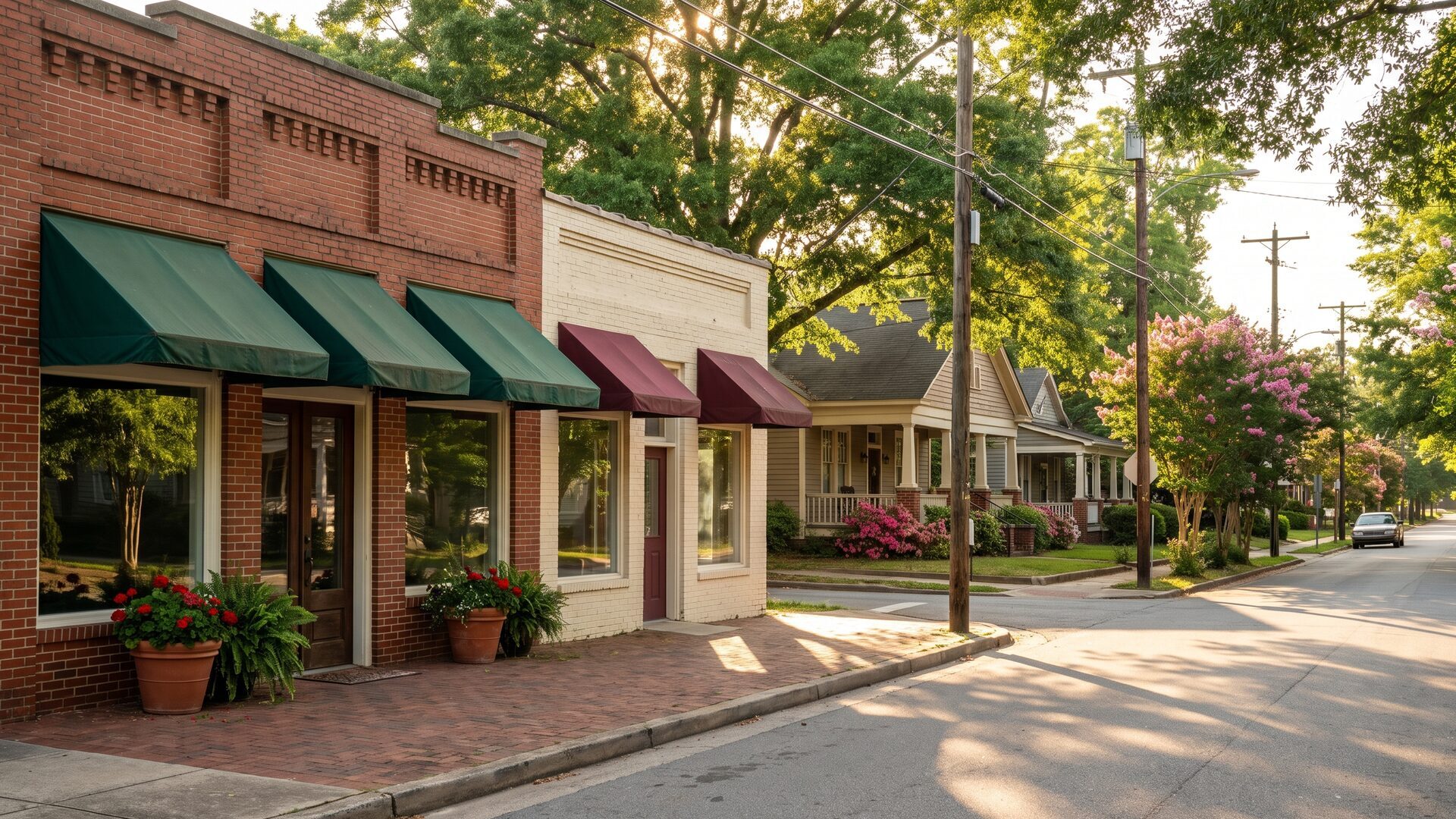 Early-twentieth-century brick storefronts with plain awnings on a neighborhood corner, older porched houses behind, typical of historic East Durham.