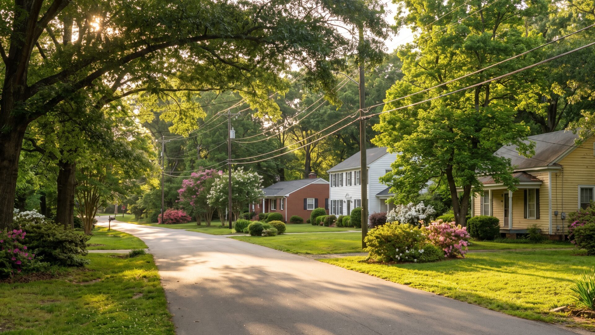 A quiet two-lane street under a high tree canopy, brick ranches and older two-story homes set back behind deep lawns, typical of residential North Durham.