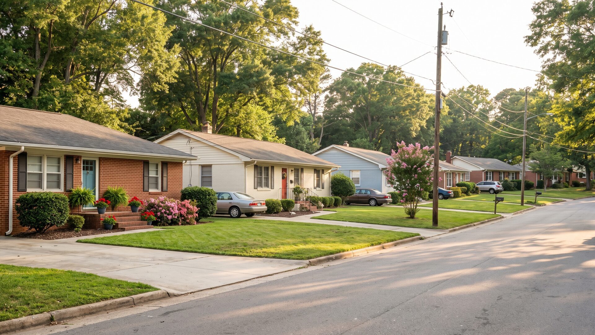 Single-story brick and painted-brick ranch homes with mature shade trees, driveways and overhead power lines, typical of the mid-century housing on Rand Terrace.